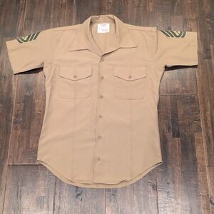 Vintage Creighton USMC Mens L Tan Short Sleeve Military Shirt Sargent Patch E6
